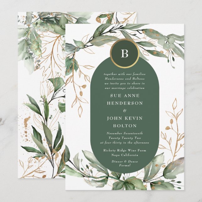 Invitación Elegante Eucalyptus Greenery Boho Moss Green (Anverso / Reverso)
