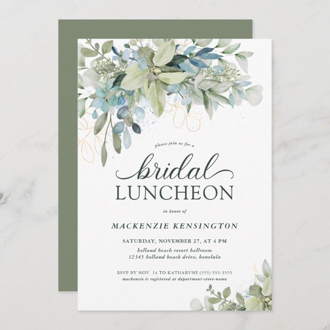 Invitación Elegante Eucalyptus Greenery Bridal Luncheon (Anverso / Reverso)