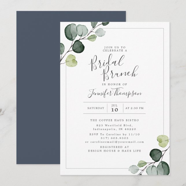 Invitación Elegante Eucalyptus Greenery Bridal Shower (Anverso / Reverso)