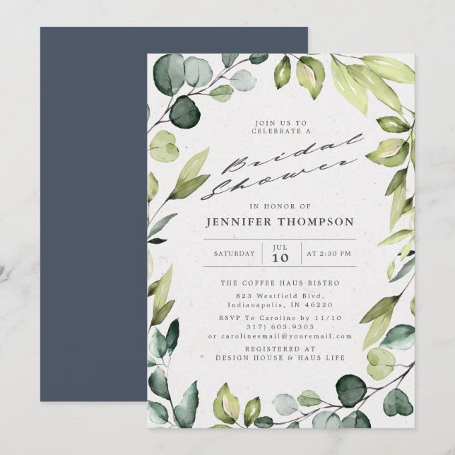 Invitación Elegante Eucalyptus Greenery Bridal Shower (Anverso / Reverso)