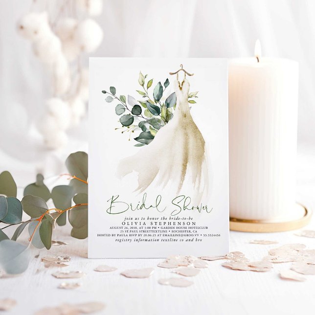 Invitación Elegante Eucalyptus Greenery Bridal Shower (Greenery and Wedding Dress Bridal Shower Invitations)