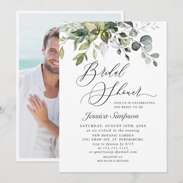 Invitación Elegante Eucalyptus Greenery Bridal Shower FOTO (Anverso / Reverso)