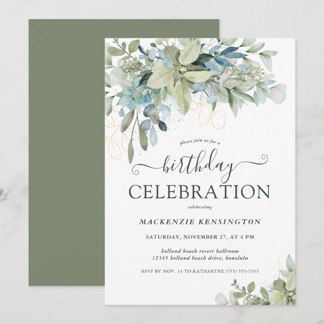 Invitación Elegante Eucalyptus Greenery Celebración del Cumpl (Anverso / Reverso)