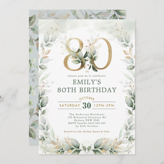 Invitación Elegante Eucalyptus Greenery Gold 80 cumpleaños (Anverso / Reverso)