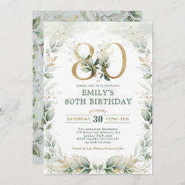 Invitación Elegante Eucalyptus Greenery Gold 80 cumpleaños