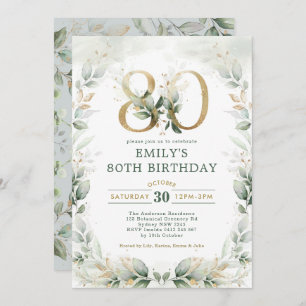 Invitación Elegante Eucalyptus Greenery Gold 80 cumpleaños