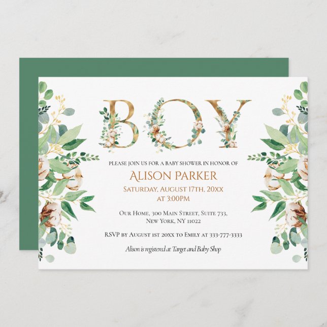 Invitación Elegante Eucalyptus Greenery Gold Baby Shower (Anverso / Reverso)