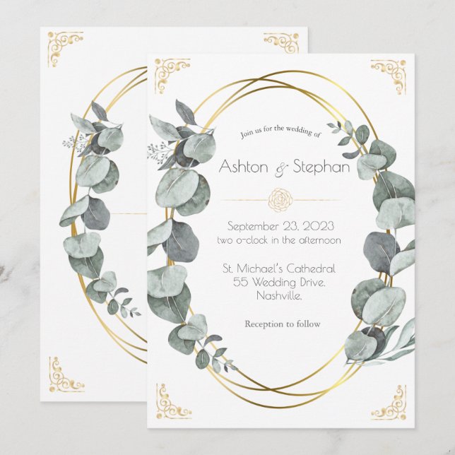 Invitación Elegante Eucalyptus Greenery Gold Boda (Anverso / Reverso)