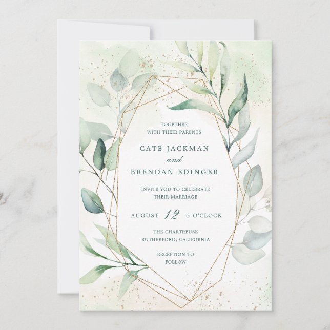 Invitación Elegante Eucalyptus Greenery Gold Boda Geométrico (Anverso)