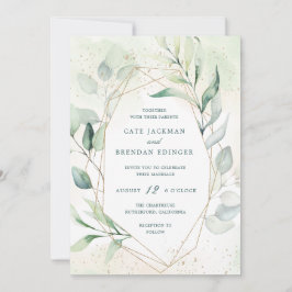 Invitación Elegante Eucalyptus Greenery Gold Boda Geométrico