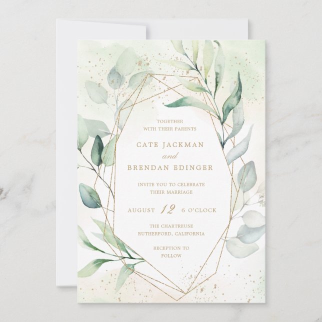 Invitación Elegante Eucalyptus Greenery Gold Boda Geométrico (Anverso)