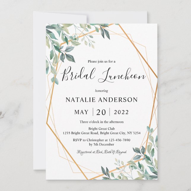 Invitación Elegante Eucalyptus Greenery Gold Bridal Luncheon (Anverso)