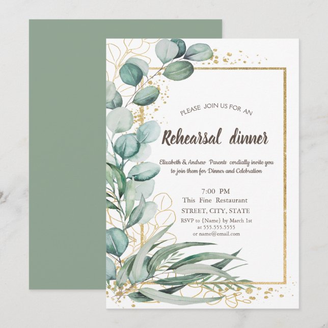Invitación Elegante Eucalyptus Greenery Gold Cena (Anverso / Reverso)