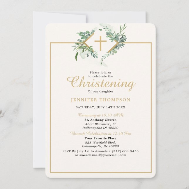 Invitación Elegante Eucalyptus Greenery Gold Christening (Anverso)
