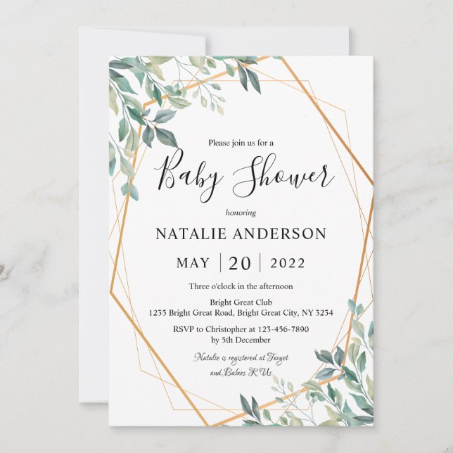 Invitación Elegante Eucalyptus Greenery Gold Frame Baby Showe (Anverso)