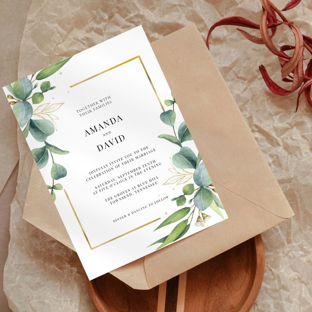 Invitación Elegante Eucalyptus Greenery Gold Frame Boda (Subido por el creador)