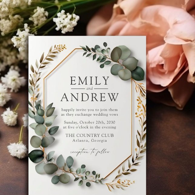 Invitación Elegante Eucalyptus Greenery Gold Frame Boda (Subido por el creador)