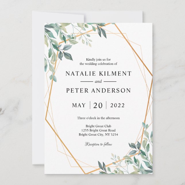 Invitación Elegante Eucalyptus Greenery Gold Frame Boda (Anverso)