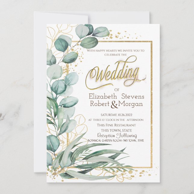 Invitación Elegante Eucalyptus Greenery Gold Frame Boda (Anverso)