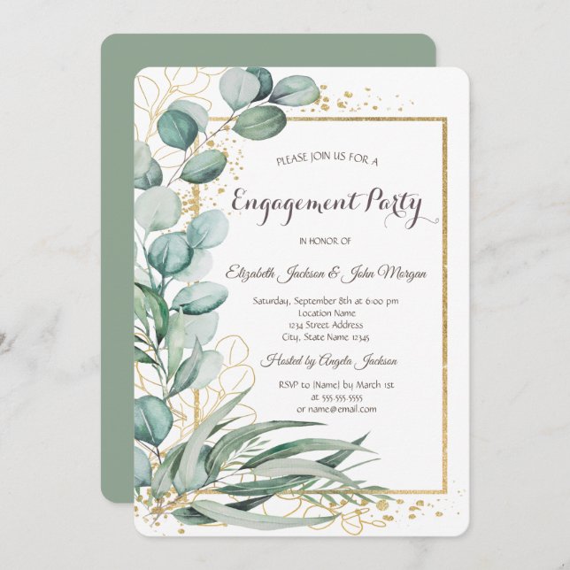Invitación Elegante Eucalyptus Greenery Gold Frame Engagement (Anverso / Reverso)