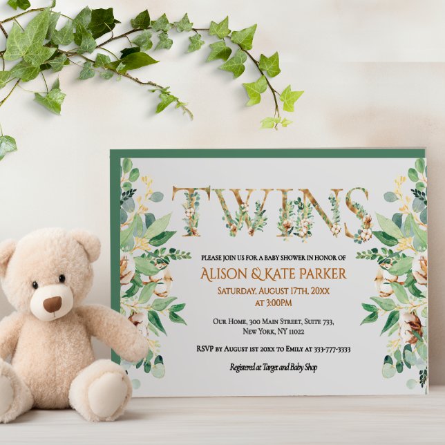 Invitación Elegante Eucalyptus Greenery Gold Twin Baby Shower (Subido por el creador)