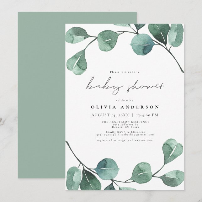 Invitación Elegante Eucalyptus Greenery Leaf Baby Shower (Anverso / Reverso)