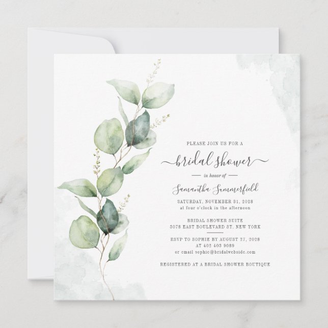 Invitación Elegante Eucalyptus Greenery Moda Bridal Shower (Anverso)