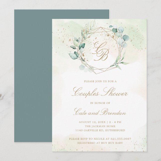 Invitación Elegante Eucalyptus Greenery Parejas Baby Shower (Anverso / Reverso)