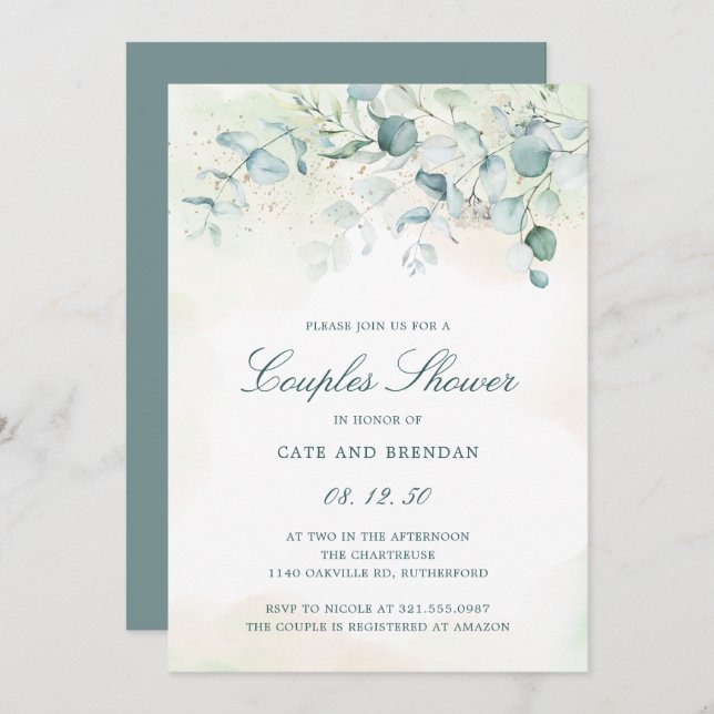 Invitación Elegante Eucalyptus Greenery Parejas Ducha (Anverso / Reverso)