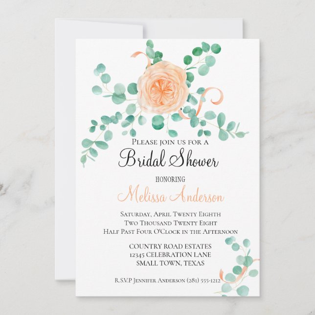 Invitación Elegante Eucalyptus Greenery Peach Floral (Anverso)