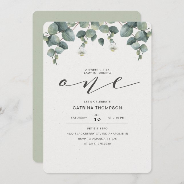 Invitación Elegante Eucalyptus Greenery Primer Fiesta de cump (Anverso / Reverso)