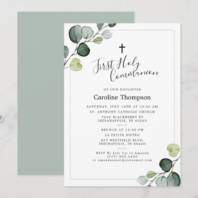 Invitación Elegante Eucalyptus Greenery Primera Santa Comunió (Anverso / Reverso)