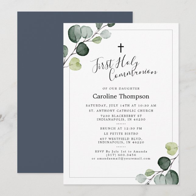 Invitación Elegante Eucalyptus Greenery Primera Santa Comunió (Anverso / Reverso)