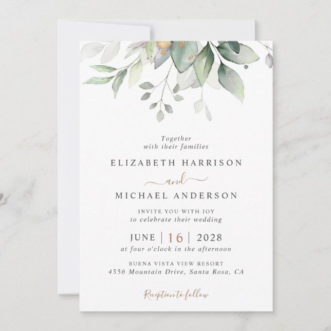 Invitación Elegante Eucalyptus Greenery QR Code Boda (Anverso)