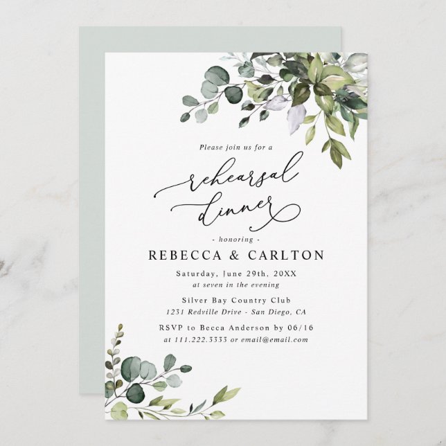 Invitación Elegante Eucalyptus Greenery Rehearsal Dinner (Anverso / Reverso)