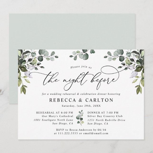 Invitación Elegante Eucalyptus Greenery Rehearsal Dinner (Anverso / Reverso)
