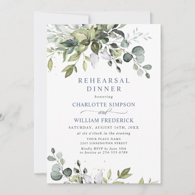 Invitación Elegante Eucalyptus Greenery Rehearsal Dinner (Anverso)