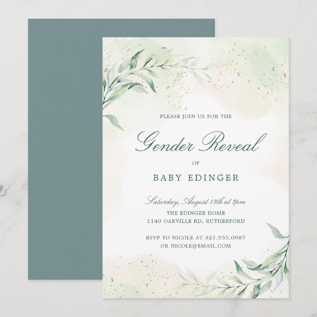 Invitación Elegante Eucalyptus Greenery Revelación de Género (Anverso / Reverso)