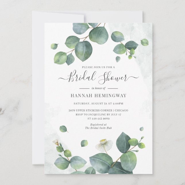 Invitación Elegante Eucalyptus Greenery Rubor Bridal Shower (Anverso)
