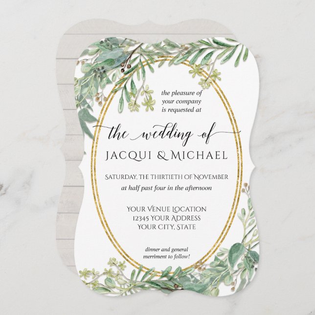 Invitación Elegante Eucalyptus Greenery Rústica Madera acuare (Anverso / Reverso)