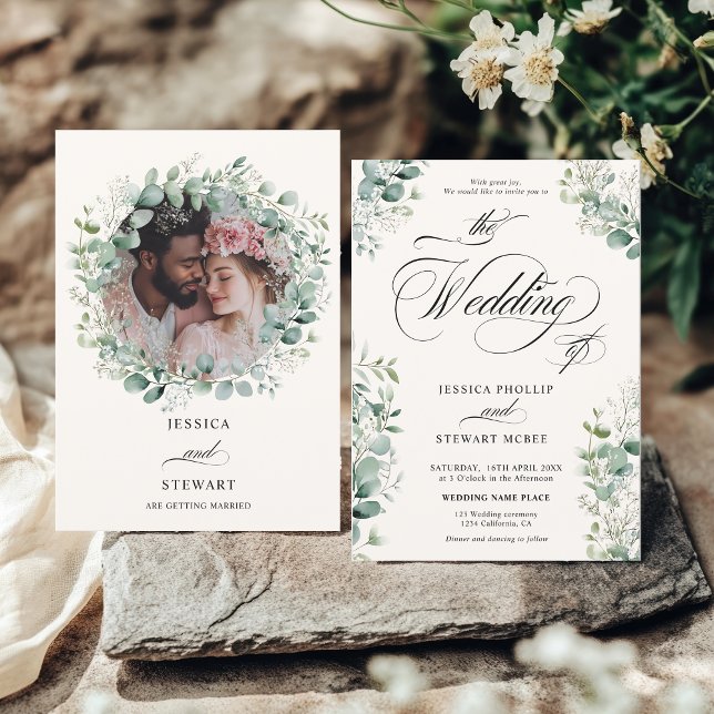 Invitación Elegante Eucalyptus Greenery Script Boda de fotogr (Elegant Eucalyptus Greenery Script photo Wedding Invitation)