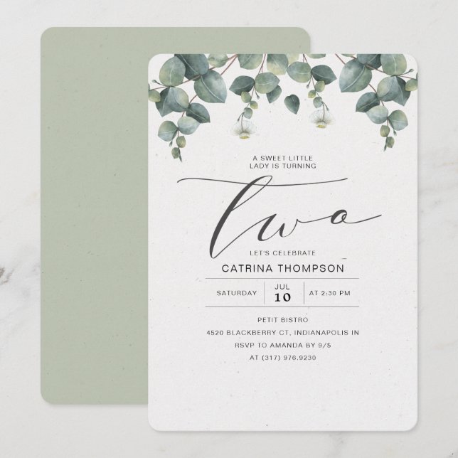 Invitación Elegante Eucalyptus Greenery Segundo Fiesta de Cum (Anverso / Reverso)