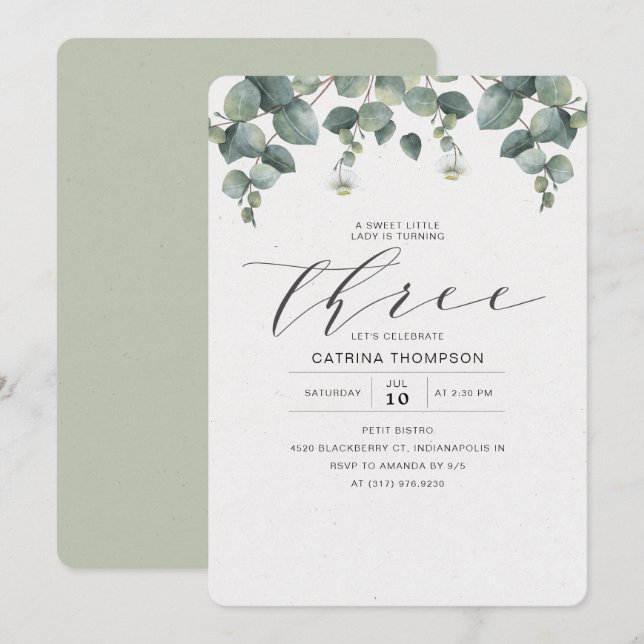 Invitación Elegante Eucalyptus Greenery Tercer Fiesta de Cump (Anverso / Reverso)