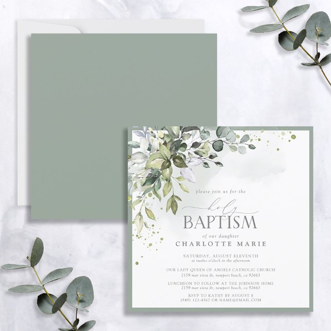 Invitación Elegante Eucalyptus Greenery Watercolor Baptismo (Subido por el creador)