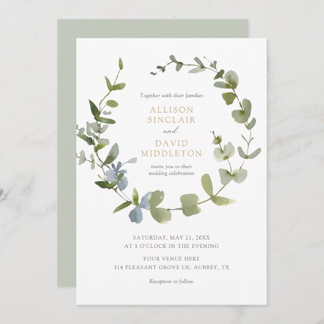 Invitación Elegante Eucalyptus Greenery Wedting (Anverso / Reverso)