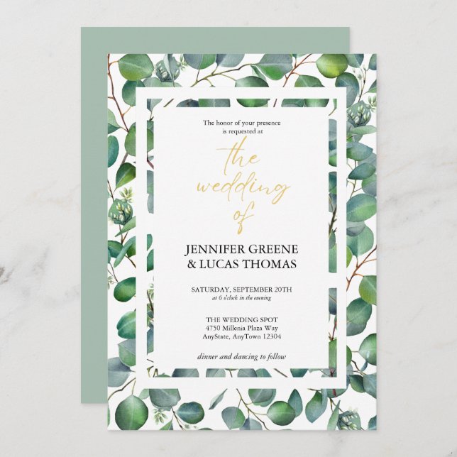 Invitación Elegante Eucalyptus Greenery Wedting (Anverso / Reverso)