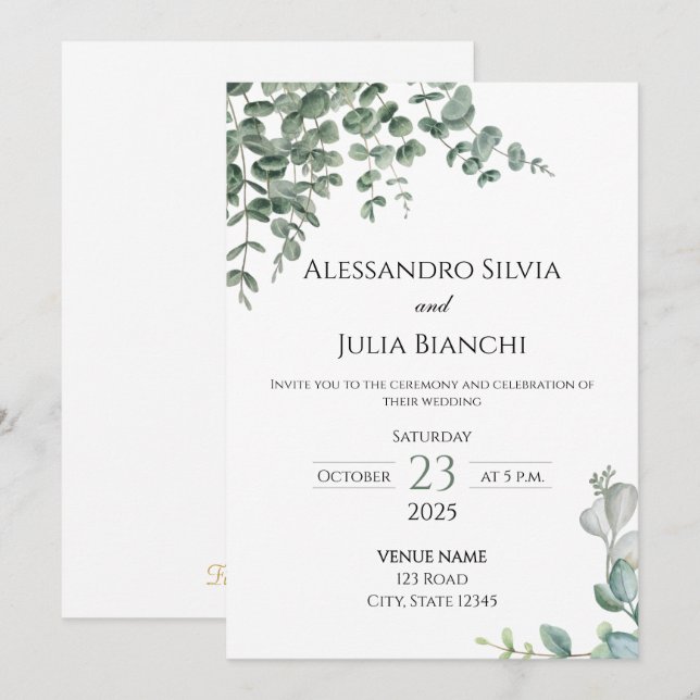 Invitación Elegante Eucalyptus Greenery Wedting (Anverso / Reverso)