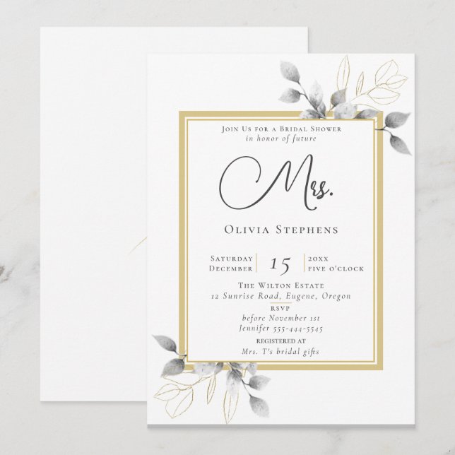 Invitación Elegante Eucalyptus Oro Futuro Sra Bridal Shower (Anverso / Reverso)