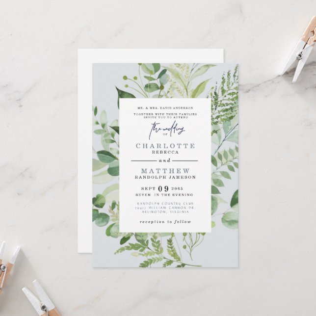 Invitación Elegante Eucalyptus Padres Dusty Blue Boda Inv (Anverso/Reverso In Situ)