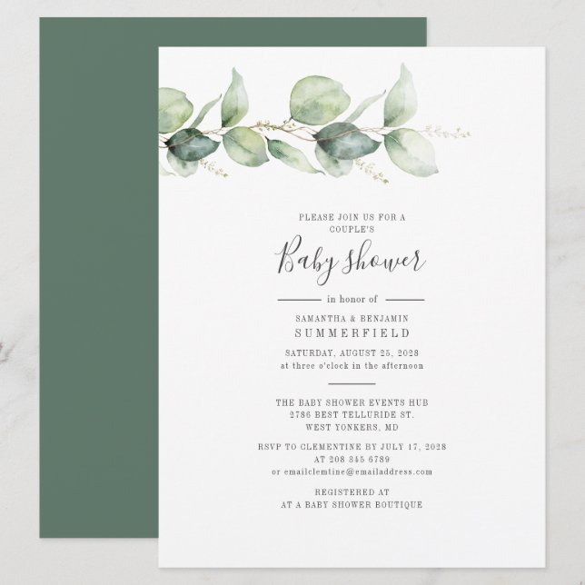Invitación Elegante Eucalyptus Parejas Baby Shower Greenery (Anverso / Reverso)